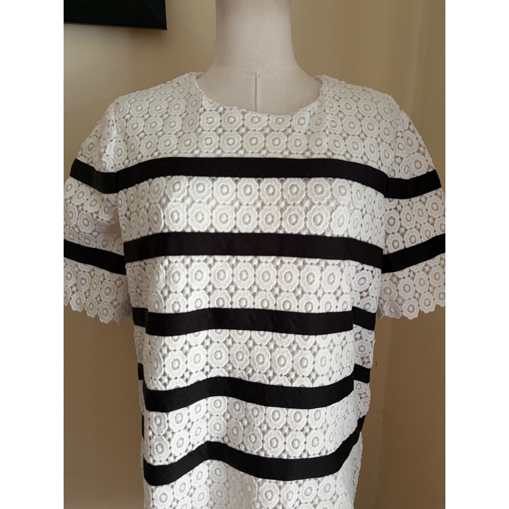 English Factory White Eyelet Lace Black Striped Short Sleeve Shift Dress Medium - Picture 5 of 9
